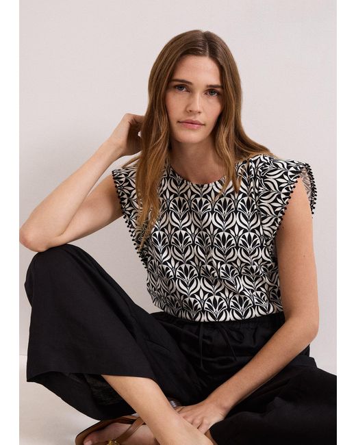 Phase Eight Black Beth Printed Trim Detail Top