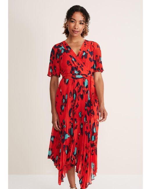 Phase Eight Red Kendall Butterfly Print Pleated Midi Dress