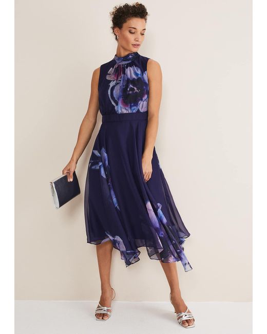 Phase Eight Blue Lucinda Chiffon Floral Midi Dress