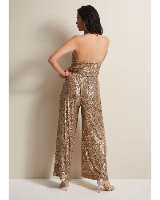 Phase Eight Natural Clarabella Sequin Halterneck Jumpsuit