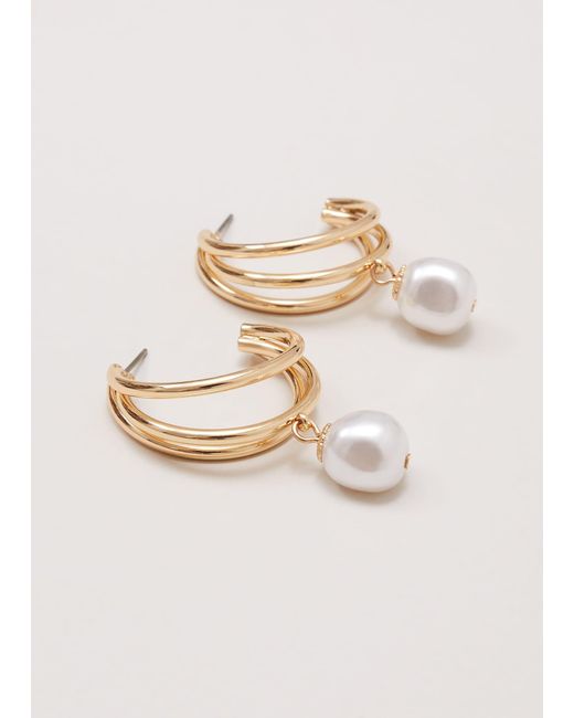 Phase Eight Natural 's Gold Triple Hoop Pearl Drop Earrings