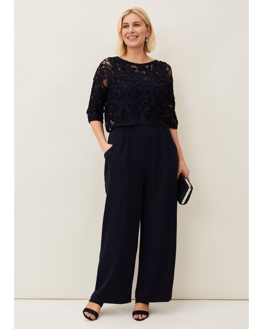 Phase Eight Blue Elodie Wide Leg Lace Overlay Jumpsuit