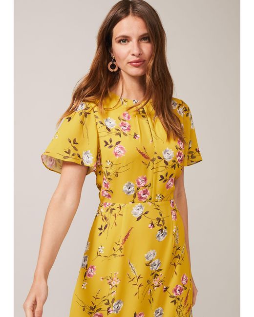 Phase Eight Yellow Cecily Floral Print Asymmetric Hem Dress