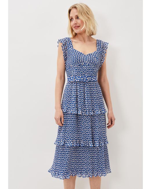 Phase Eight Blue Lisha Spot Pleated Tiered Midi Dress