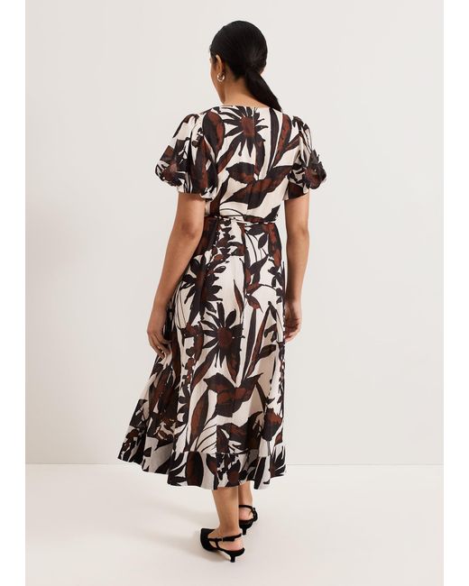 Phase Eight Natural Petite Zarah Printed Puff Sleeve V Neck Midi Dress
