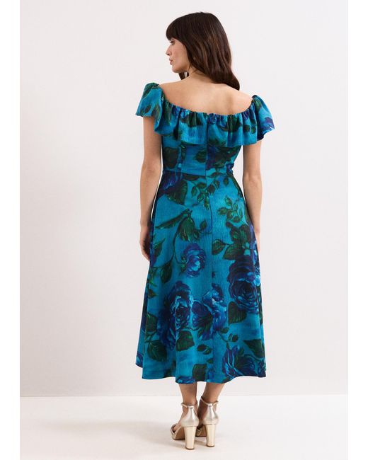 Phase Eight Blue Brianne Floral Ruffle Midi Dres