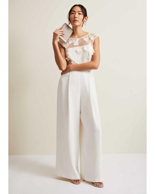 Phase Eight White 's Cherie Bridal Floral Textured Jumpsuit