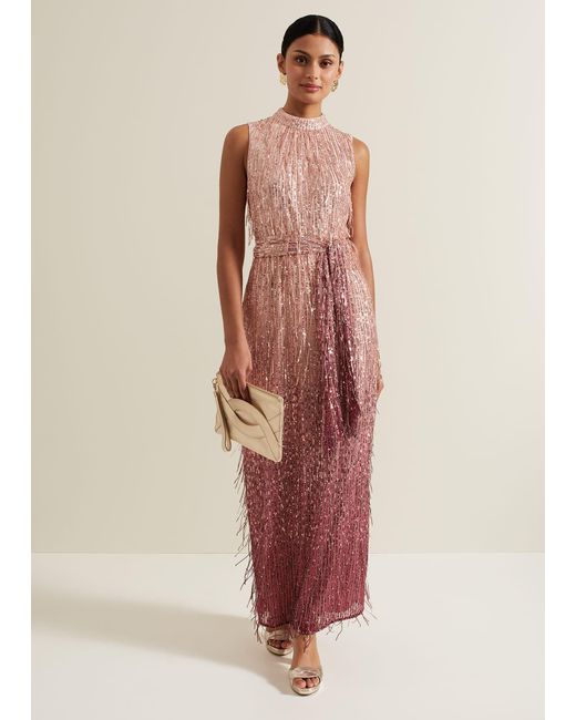 Phase Eight Pink 's Becka Fringe Sequin Maxi Dress