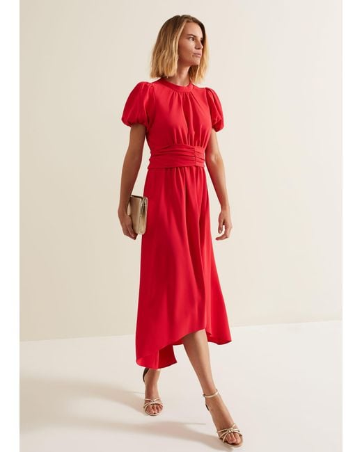 Phase Eight Red 's Paulina Coral Puff Sleeve Midi Dress