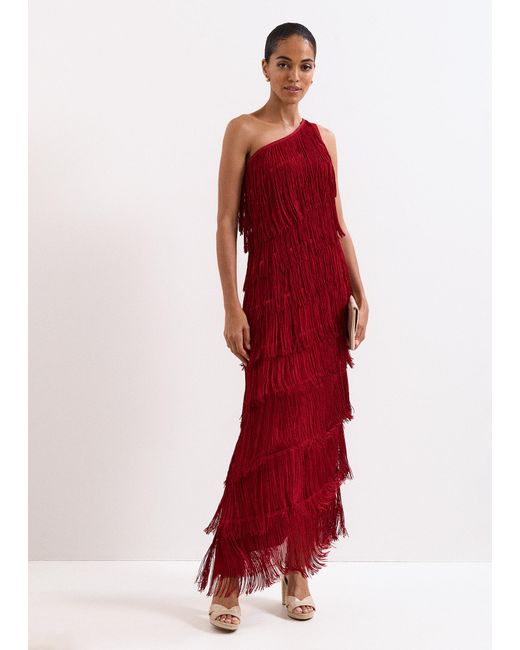 Phase Eight Red Otto One Shoulder Fringe Maxi Dress