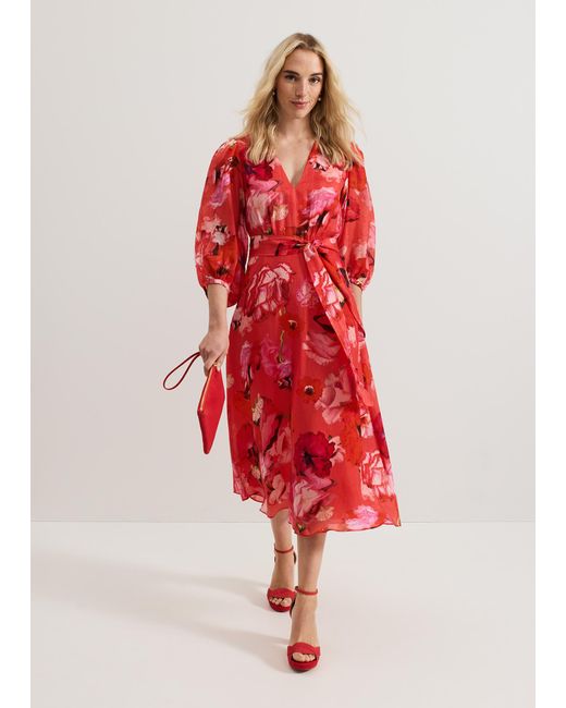 Phase Eight Red Federica Floral Long Sleeve Midi Dress