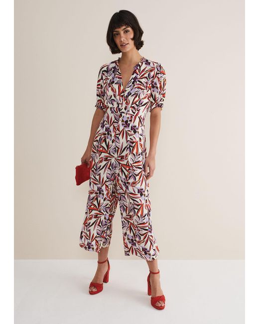 Phase Eight Natural 's Astrid Leaf Print Cropped Wide Leg Jumpsuit