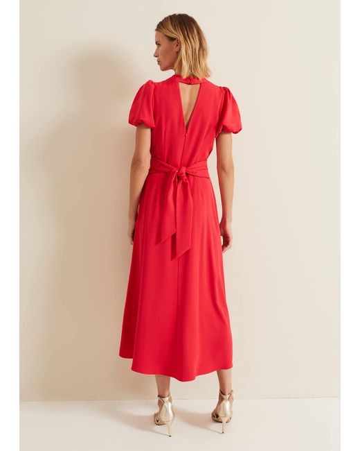 Phase Eight Red 's Paulina Coral Puff Sleeve Midi Dress