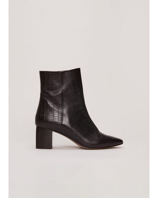 Phase Eight Black Leather Croc Print Ankle Boots