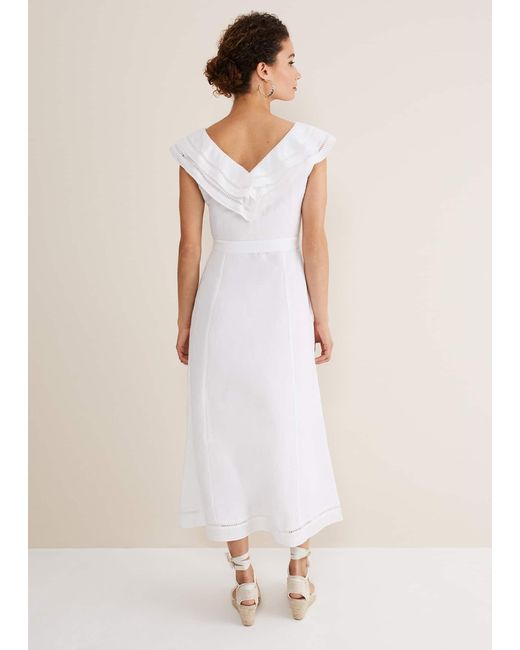 Phase Eight Natural Julieta Linen Ruffle Broderie Midi Dress