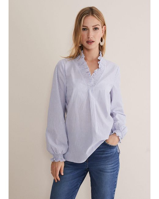 Phase Eight Blue Izara Cotton Striped Ruffle Top