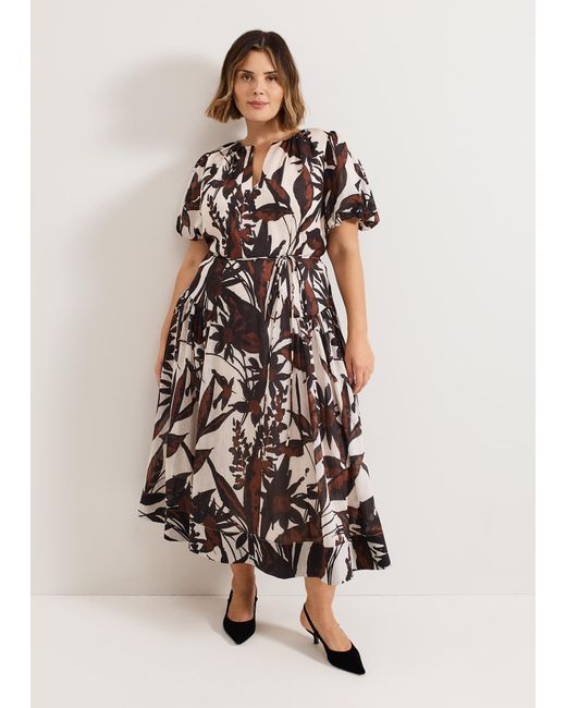 Phase Eight White Zarah Printed Puff Sleeve V Neck Midi Dress