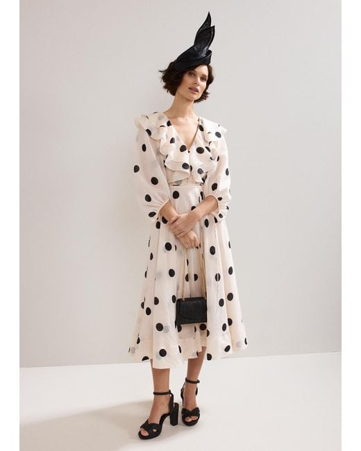 Phase Eight Natural Jaqlyn Spot Ruffle Belted Midi Dress