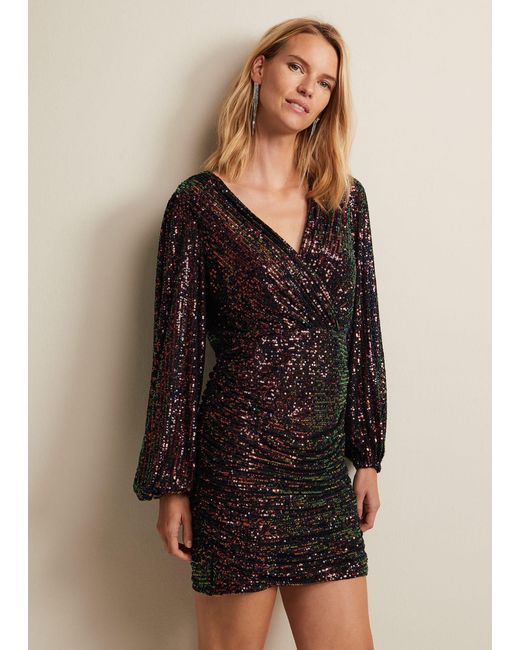 Phase Eight Black 's Ruby Sequin Ruched Mini Dress