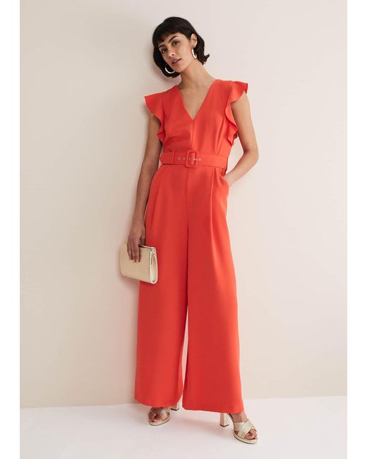 Phase Eight Red 's Kallie V Neck Frill Jumpsuit