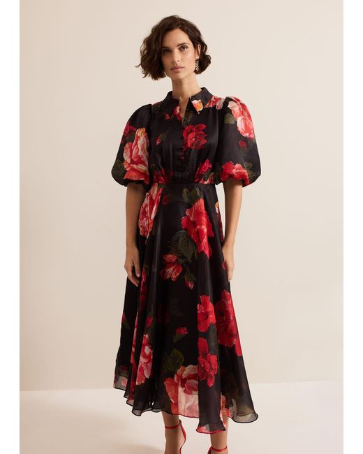 Phase Eight Red Cilla Floral Shirt Midi Dress