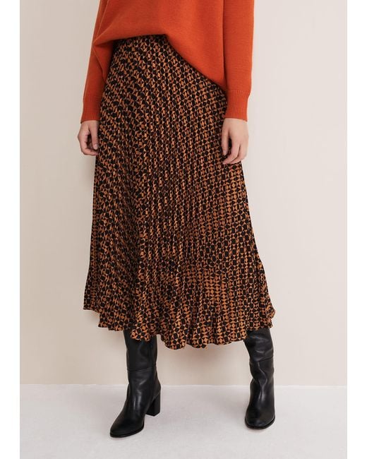 Phase Eight Brown Elmina Pleated Geo Print Midi Skirt