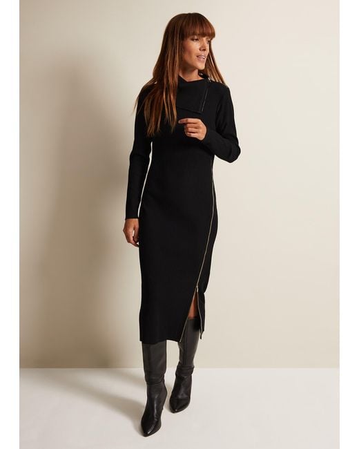 Phase Eight Black 's Hartley Zip Ribbed Column Dress