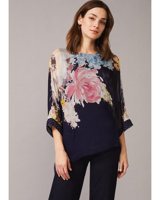 Phase Eight Blue Blanche Floral Spot Silk Blouse