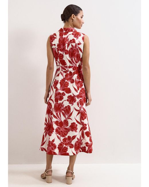 Phase Eight Red Elspeth Floral Linen Blend Midi Dress