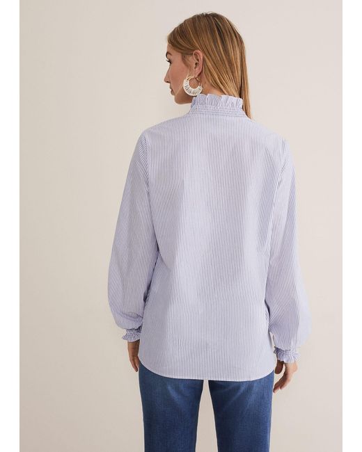 Phase Eight Blue Izara Cotton Striped Ruffle Top