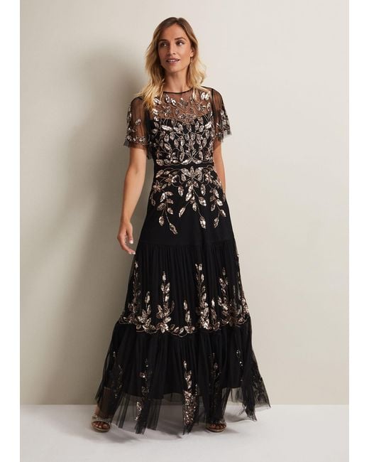 Phase Eight Black 's Hilary Beaded Tiered Maxi Dress