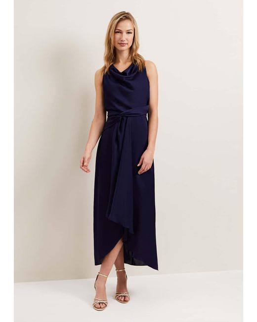 Phase Eight Blue Daliah High Neck Satin Midi Dress