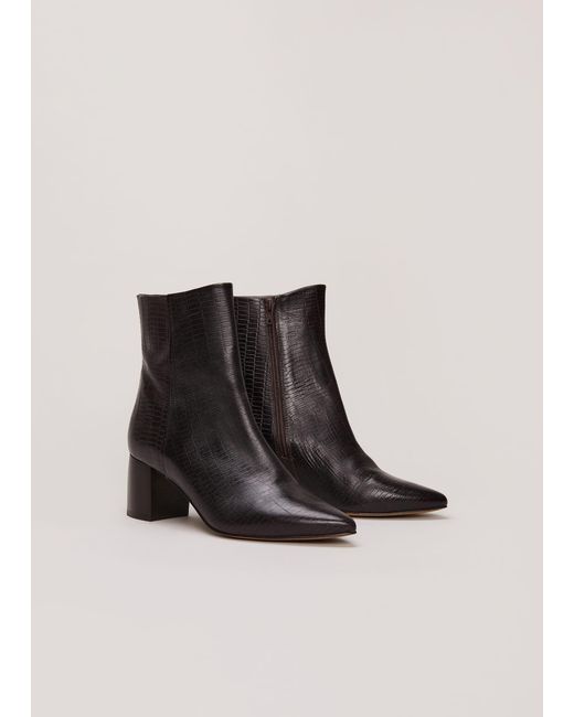 Phase Eight Black Leather Croc Print Ankle Boots