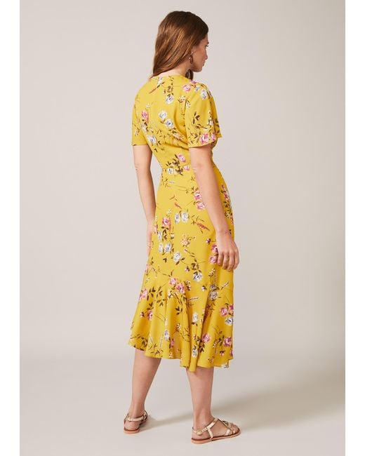Phase Eight Yellow Cecily Floral Print Asymmetric Hem Dress