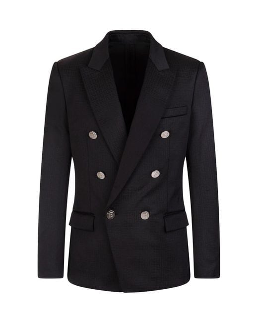 Balmain Synthetic Man Double-breasted Blazer In Black Jersey With ...