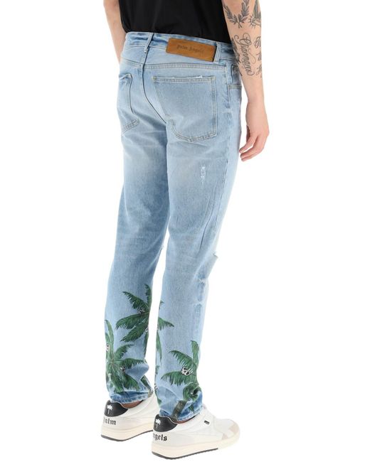 Palm Angels Palm Tree Print Regular Fit Jeans In Distressed Denim in Blue  for Men | Lyst