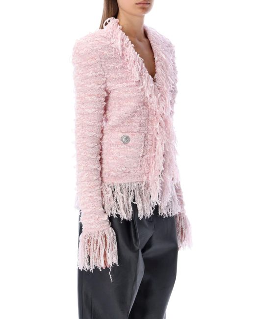 Balmain Fringed-trimmed Beaded Tweed Jacket in Pink Womens Jackets Balmain Jackets 