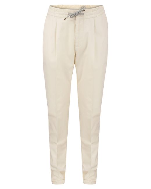 Brunello Cucinelli Natural Leisure Fit Cotton Trousers With Drawstring And Darts for men