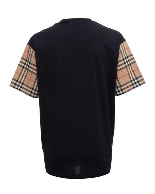 Burberry Black Cotton T-shirt With Vintage Check Sleeves | Lyst