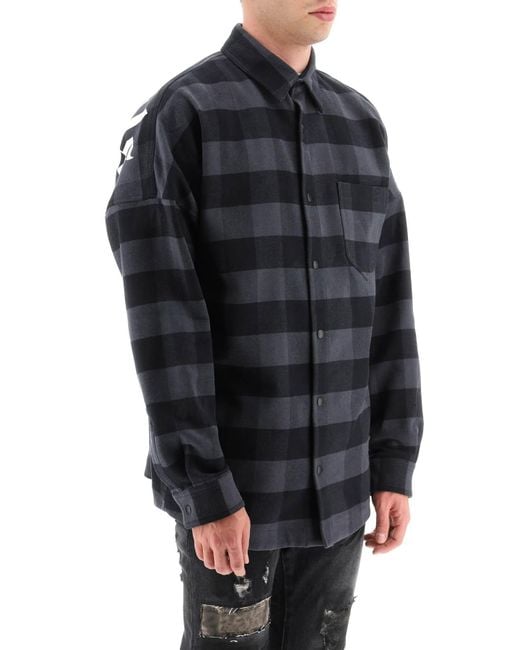 PALM ANGELS - Flannel Curved Logo Overshirt Black