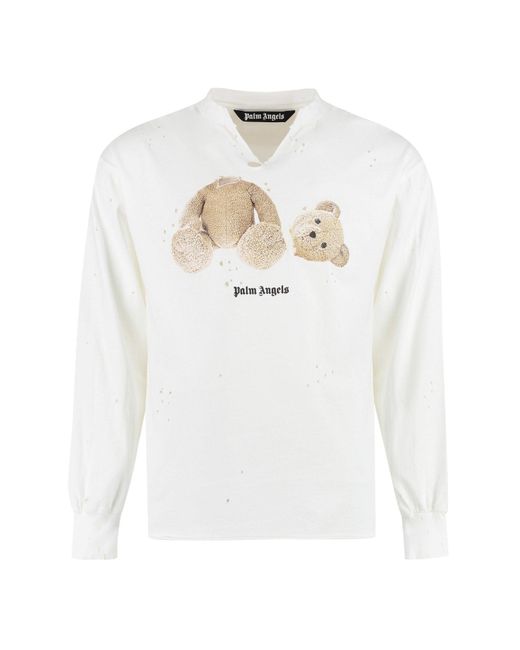 Palm Angels Bear-print Distressed-effect T-shirt in White for Men