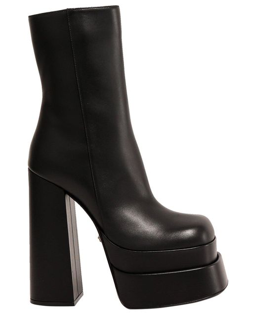 Versace Block Heel Platform Boots in Black | Lyst