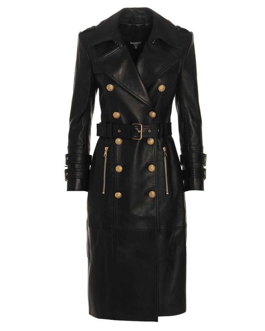 Balmain Long Leather Trench Coat in Black | Lyst