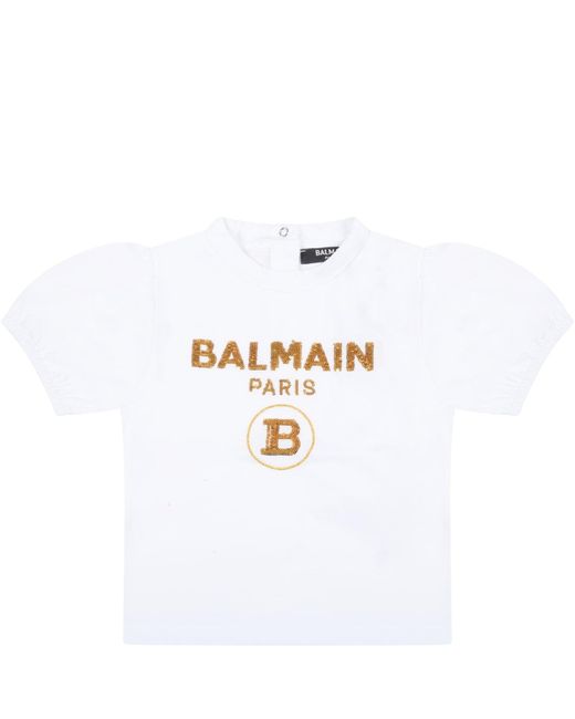 Balmain Cotton T-shirt For Baby Girl With Gold Logo in White | Lyst
