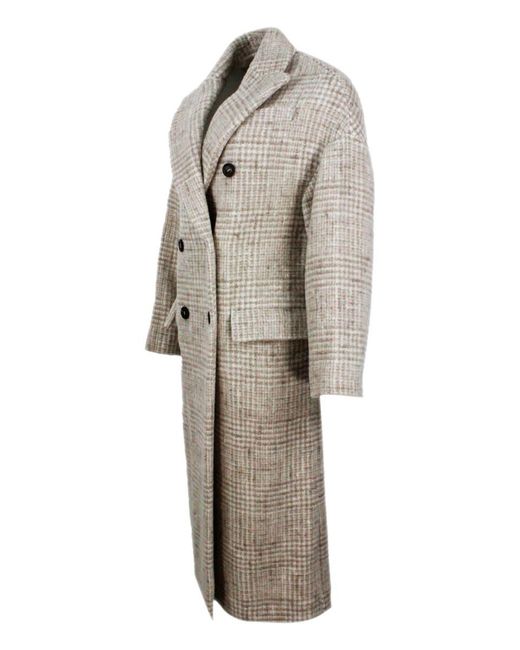 Brunello Cucinelli Checked Alpaca Wool-blend Coat in Natural Womens Clothing Coats Long coats and winter coats 