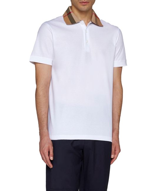 Burberry Check Collar Polo Shirt in White for Men | Lyst