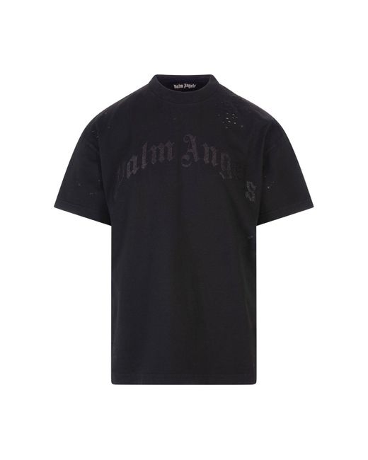 Palm Angels Cotton Man T-shirt With Distressed Details And Glitter Logo ...