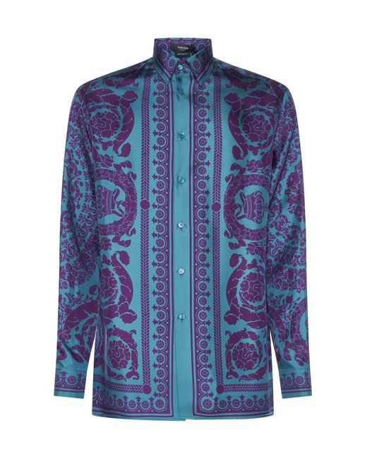Versace Barocco Silhouette Print Silk Shirt in Blue for Men - Save 50% ...