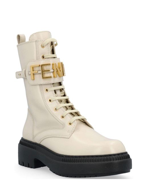 Fendi Graphy Logo Plaque Lace-up Boots in Natural | Lyst