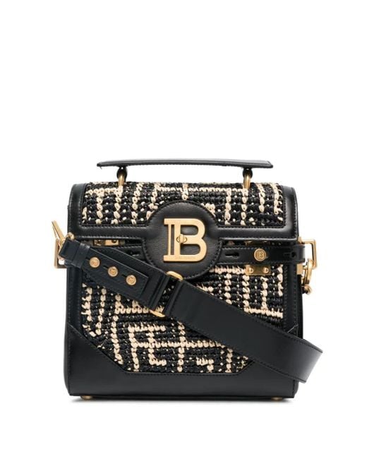 Balmain B-buzz 23 Bag In Raffia With Monogram in Black | Lyst